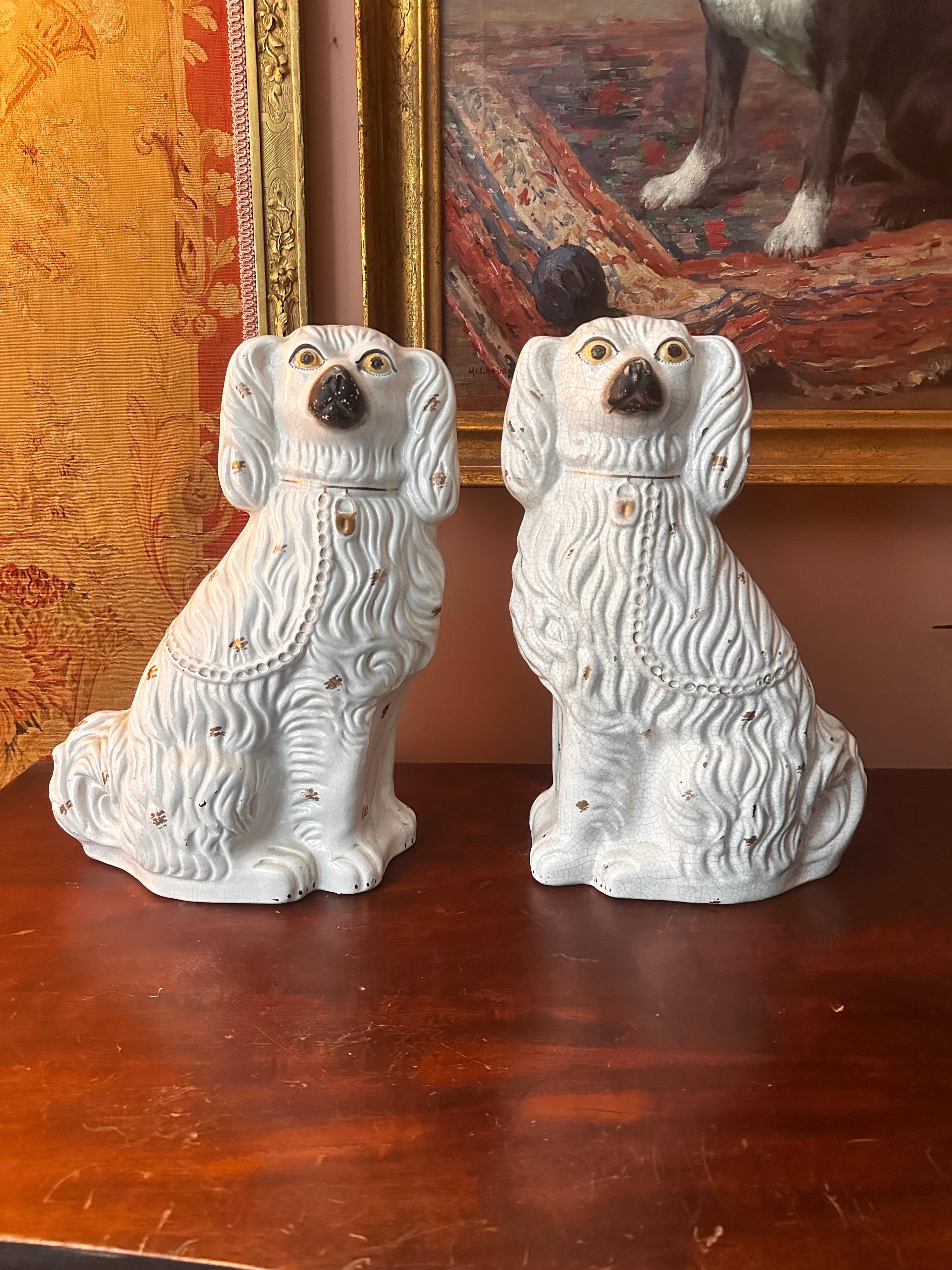 Late 19th Century Large Antique English Staffordshire mantle Pottery Dogs - Spaniels a Pair For Sale