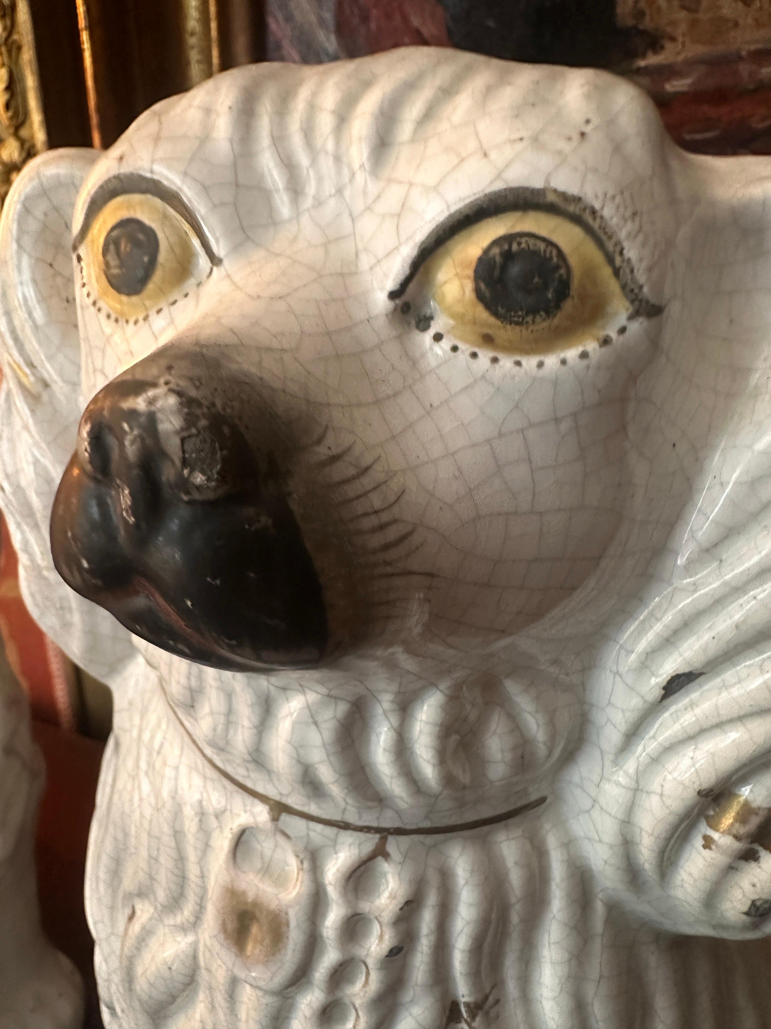 Large Antique English Staffordshire mantle Pottery Dogs - Spaniels a Pair For Sale 2