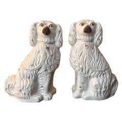 Large Antique English Staffordshire mantle Pottery Dogs - Spaniels a Pair