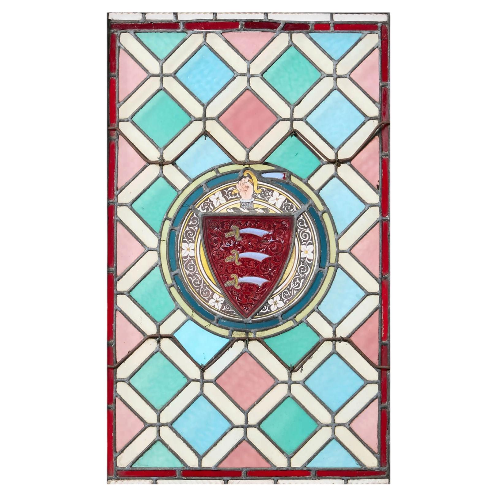 Large Antique English Stained Glass Window with Armorial Roundel