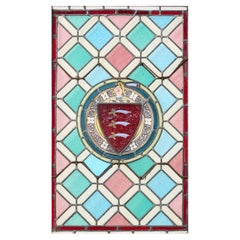 Large Antique English Stained Glass Window with Armorial Roundel