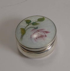 Large Antique English Sterling Silver and Guilloche Enamel Pill Box, 1918