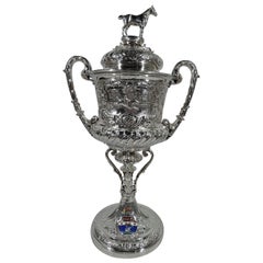 Large Antique English Sterling Silver Fox Hunting Trophy with Horse Finial