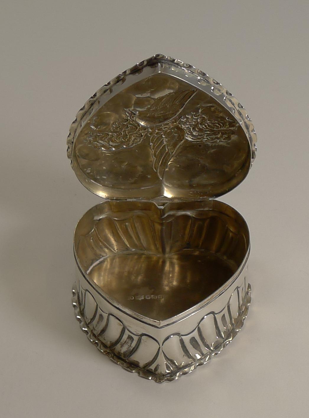 Late 19th Century Large Antique English Sterling Silver Heart Box - Cherubs / Angels - 1898