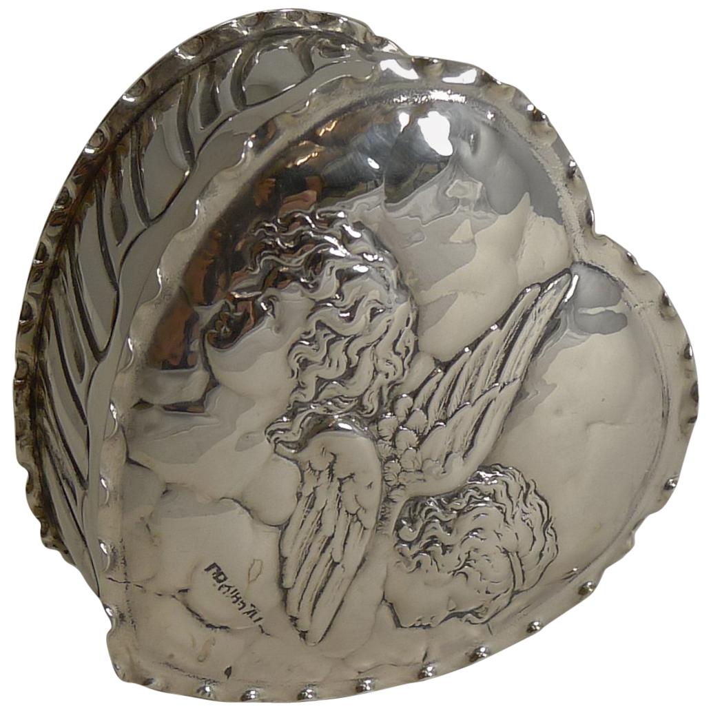 Large Antique English Sterling Silver Heart Box - Cherubs / Angels - 1898