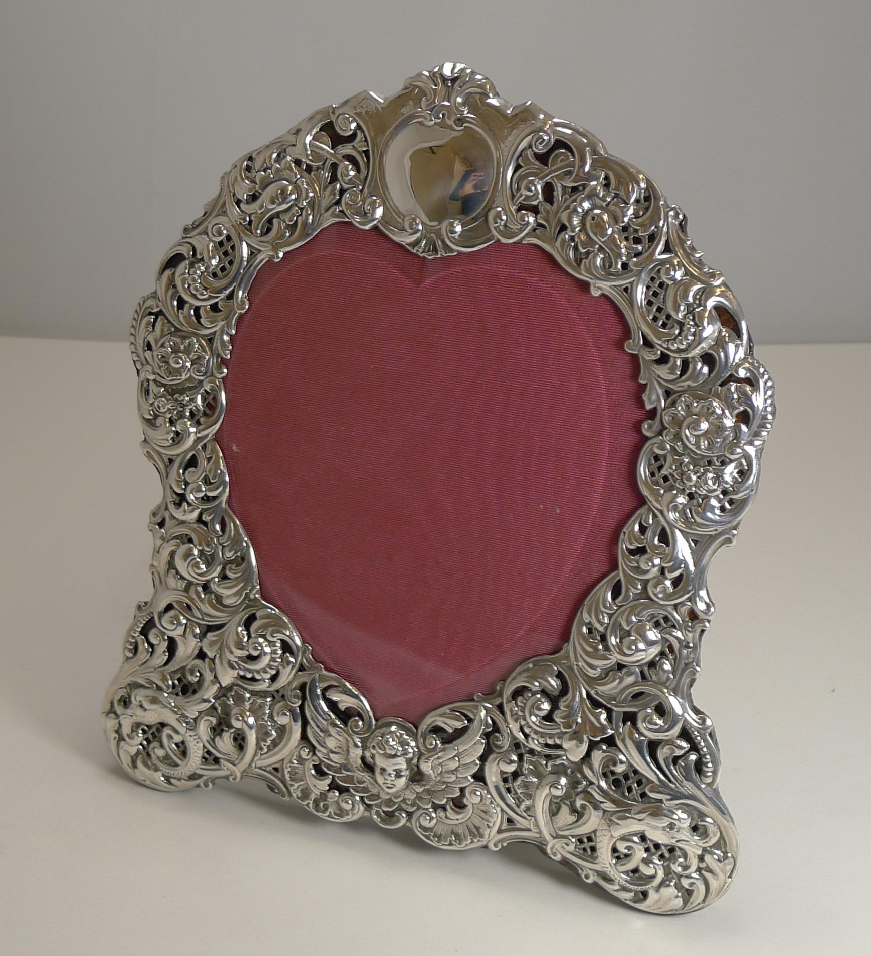 Late Victorian Large Antique English Sterling Silver Photograph/Picture Frame - Heart - 1898