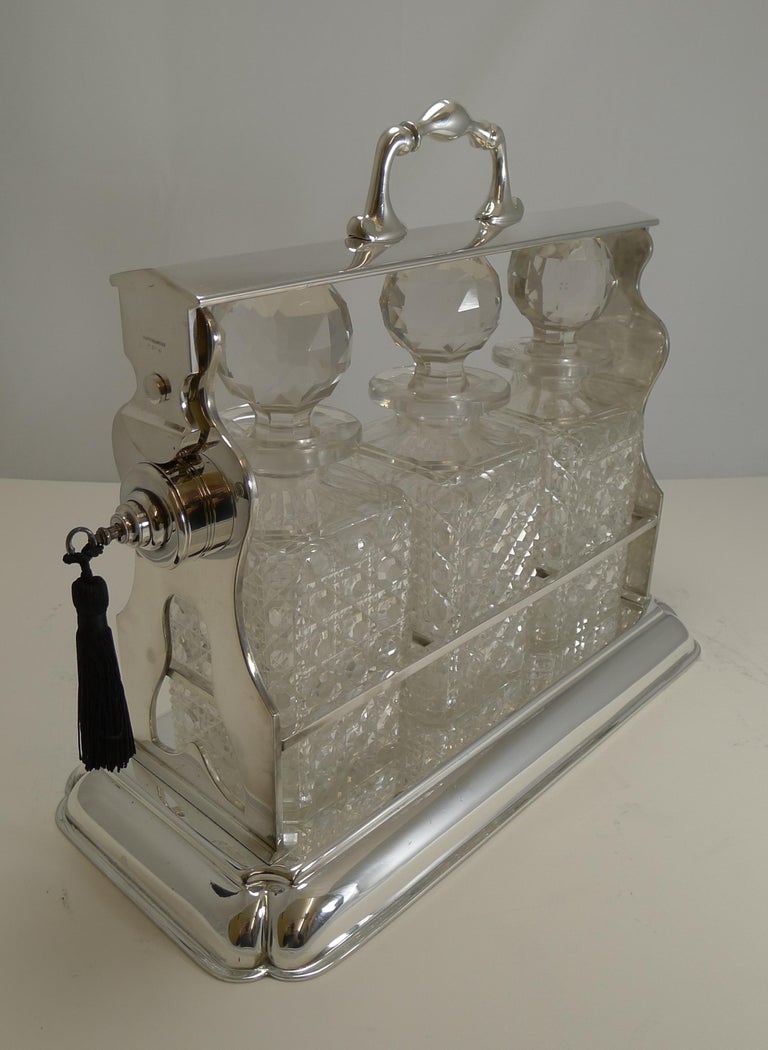 Large Antique English Three Bottle Tantalus by Mappin and Webb, circa