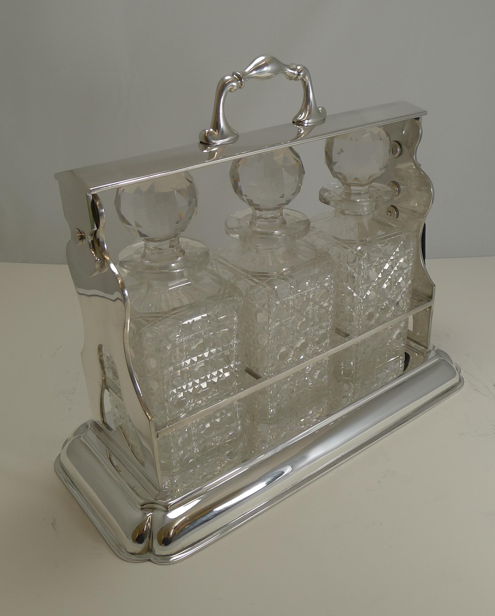 Edwardian Large Antique English Three Bottle Tantalus by Mappin and Webb, circa 1900