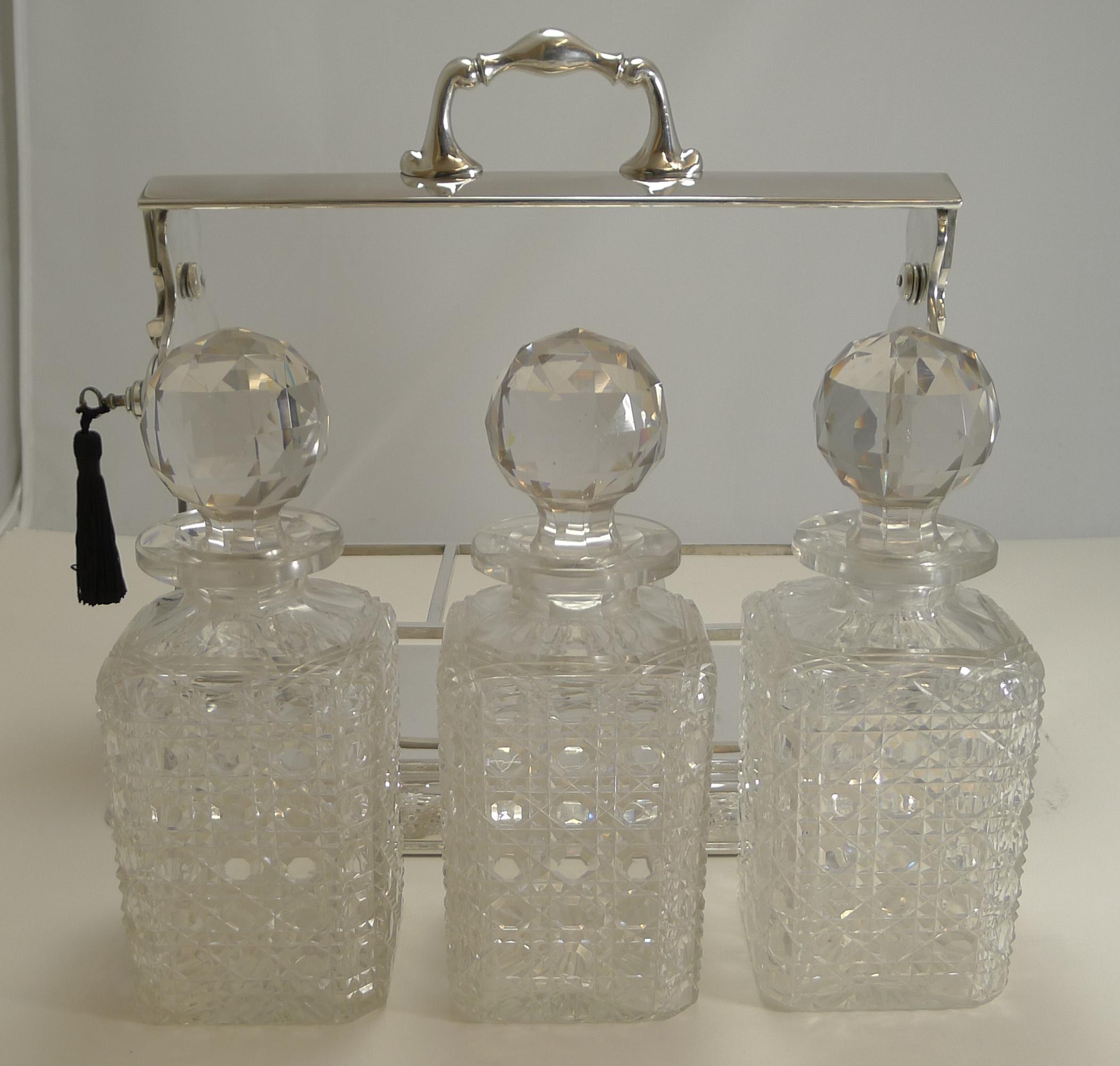 Early 20th Century Large Antique English Three Bottle Tantalus by Mappin and Webb, circa 1900