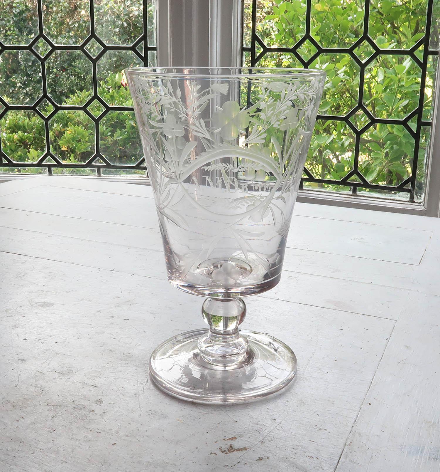 Victorian  Large Antique Engraved Glass Flower Vase, English, 19th Century For Sale