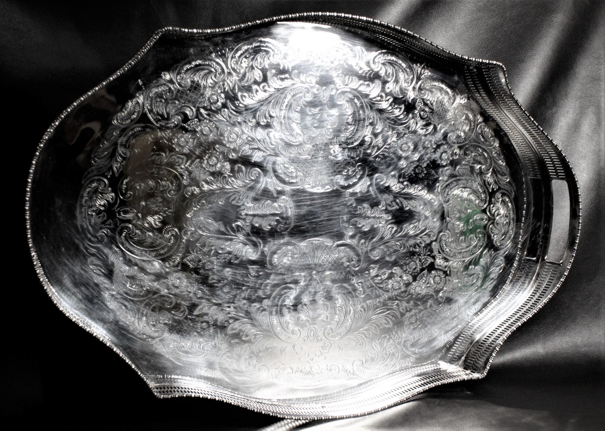 20th Century Large Antique Engraved Sheffield England Silver Plated Gallery Serving Tray