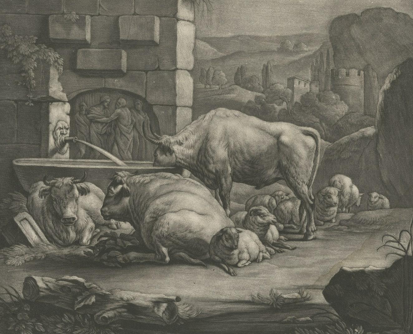 18th Century and Earlier Large Antique Engraving of a Pastoral Scene with Cows and Sheep, c.1770 For Sale