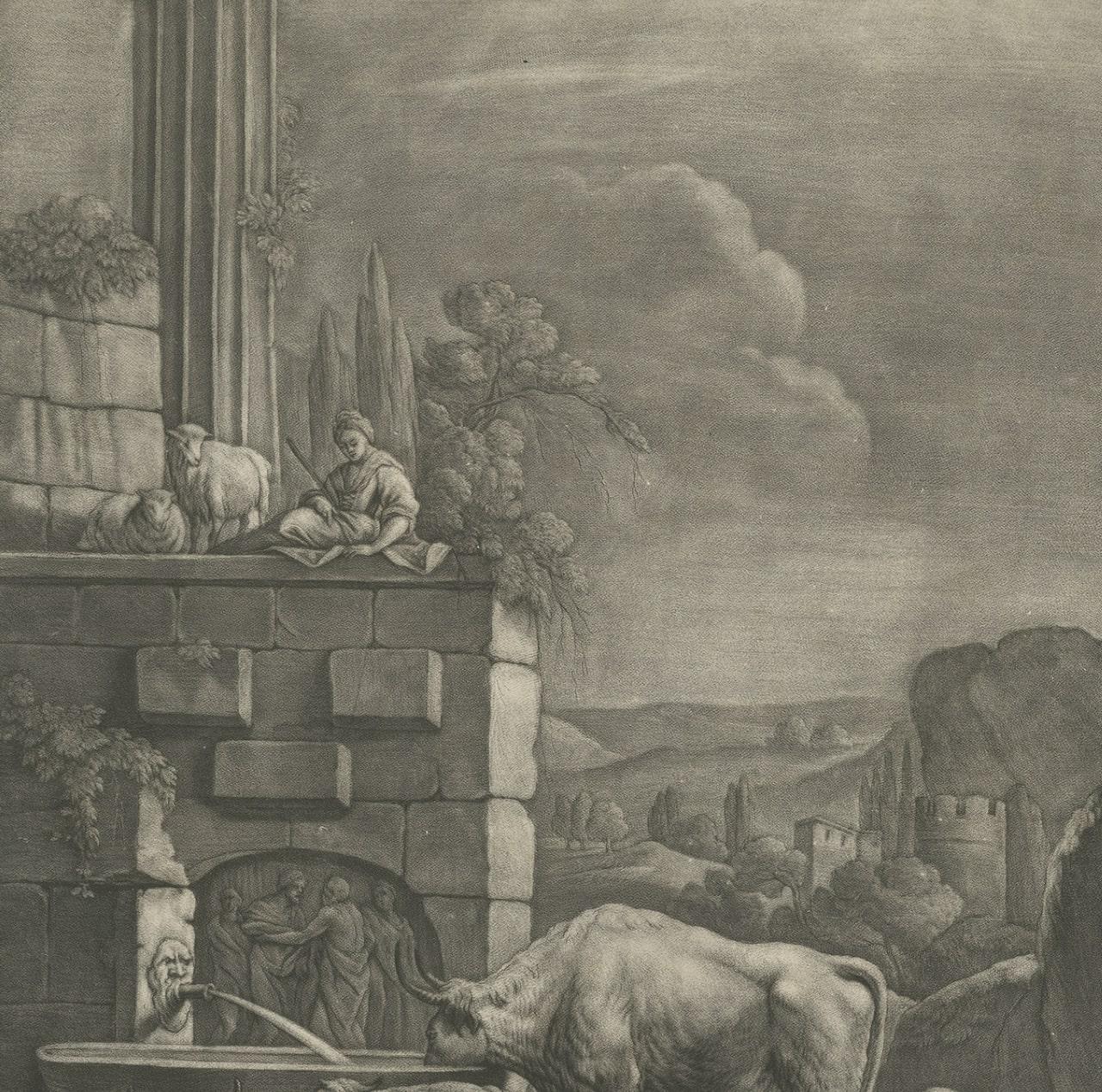 Paper Large Antique Engraving of a Pastoral Scene with Cows and Sheep, c.1770 For Sale