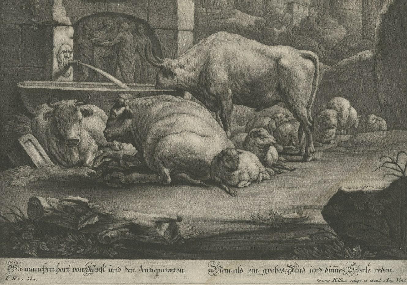 Large Antique Engraving of a Pastoral Scene with Cows and Sheep, c.1770 For Sale 1