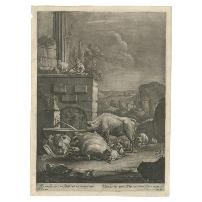 Gran grabado antiguo de una escena pastoral con vacas y ovejas, c.1770
