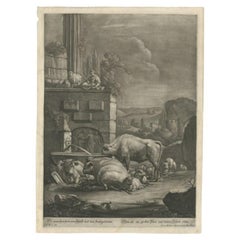 Grande gravure ancienne d'une scène pastorale avec des vaches et des moutons, vers 1770