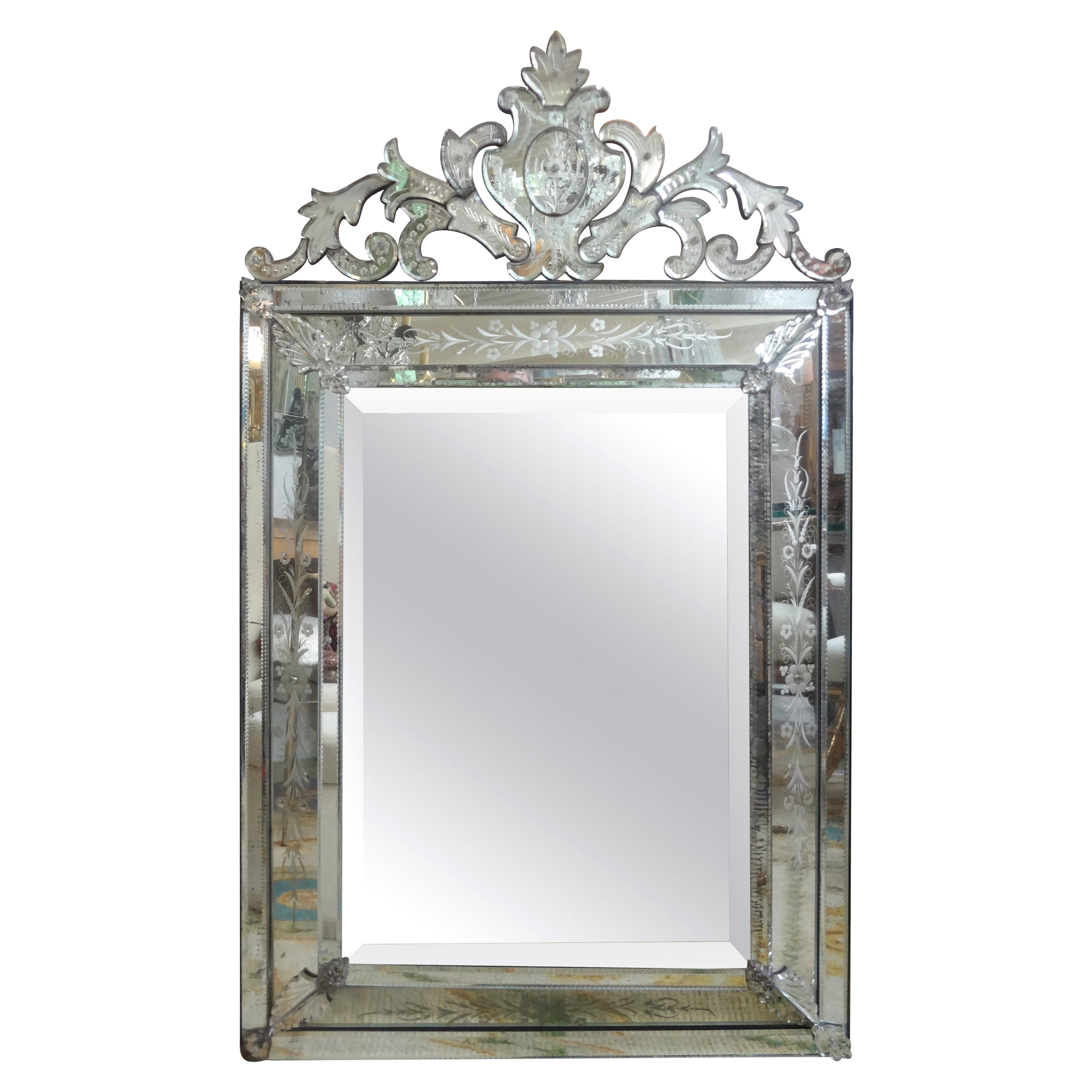 Large Antique Etched and Beveled Venetian Mirror