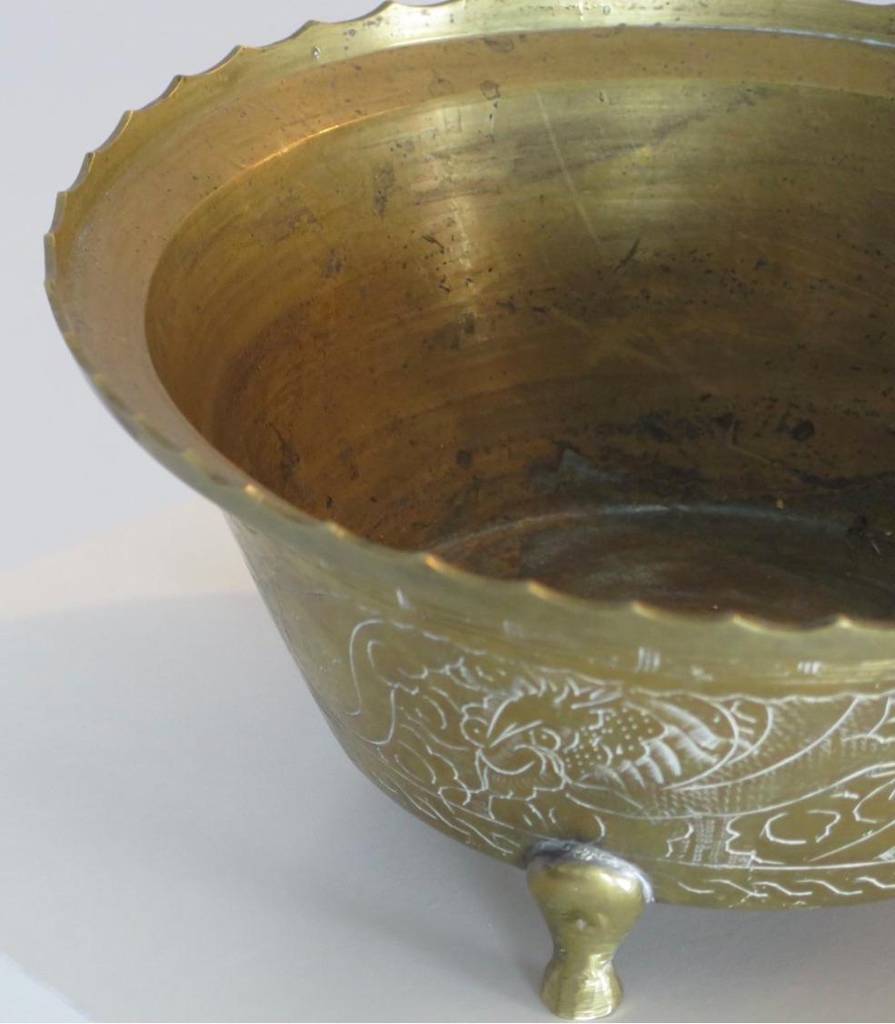 Chinese Large Antique Etched Brass Bowl, China For Sale