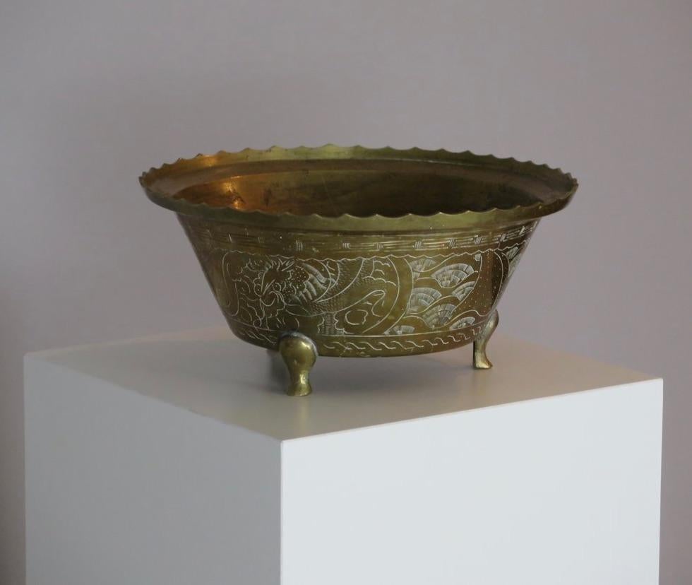 Large Antique Etched Brass Bowl, China For Sale 1