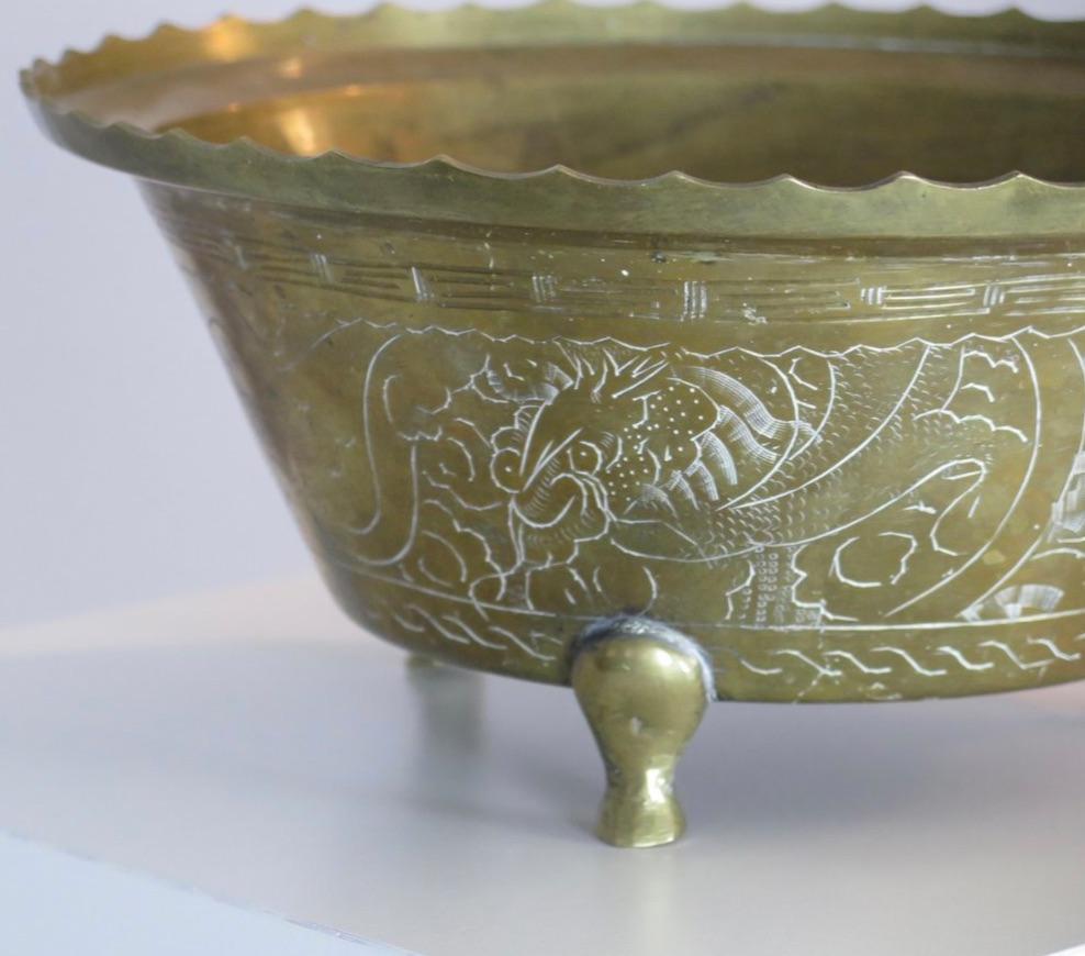 Large Antique Etched Brass Bowl, China For Sale 2