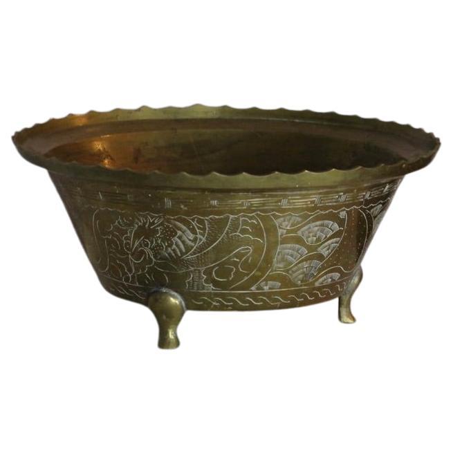 Large Antique Etched Brass Bowl, China For Sale