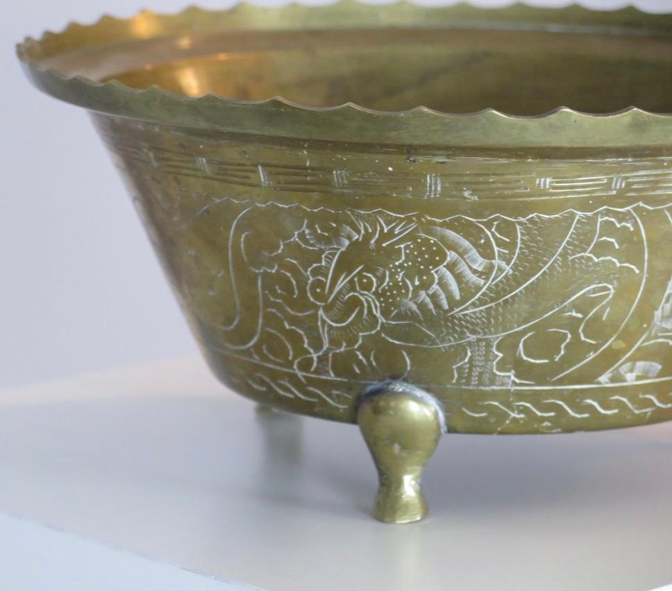 20th Century Large Antique Etched Brass Bowl For Sale