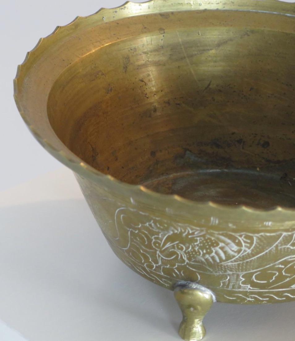 Large Antique Etched Brass Bowl For Sale 1