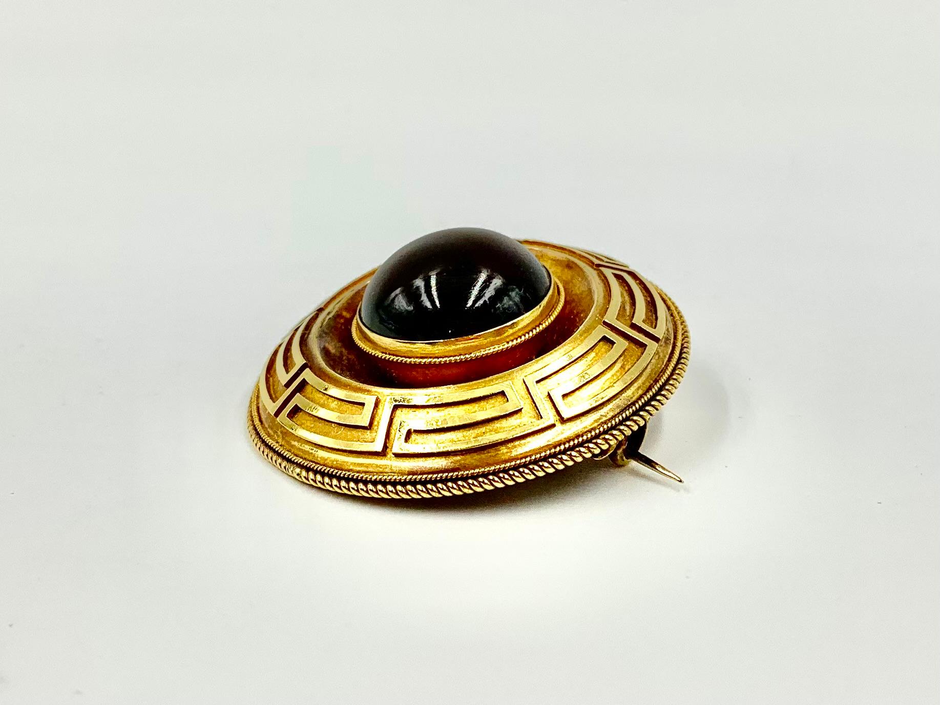 Women's or Men's Large Antique Etruscan Revival 14K Yellow Gold Cabochon Garnet Disc Brooch For Sale