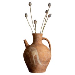 Antique Large European Folk Pottery Terracotta Wine Pitcher with Spout