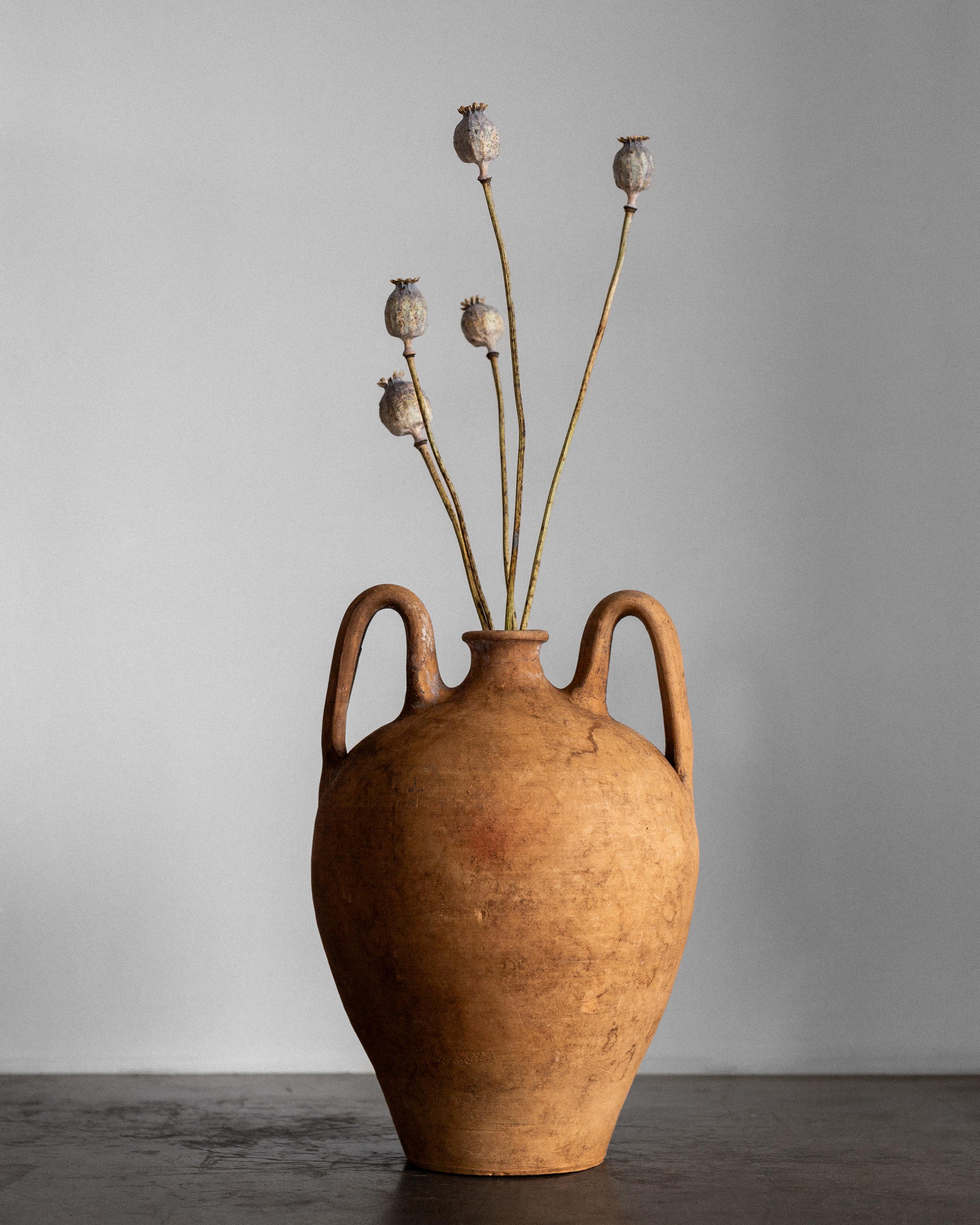 European terracotta amphora, early 20th century, featuring classic twin-handled design and traditional Mediterranean craftsmanship. This large-scale antique vessel showcases masterful hand-thrown pottery techniques with its harmonious proportions -
