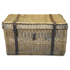 Large Used European Wicker Ocean Liner Steamer Travel Trunk Champagne Basket