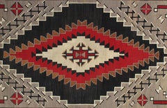Alfombra antigua grande Navajo Eye Dazzler, hecha a mano, lana, beige, tostado, gris y rojo