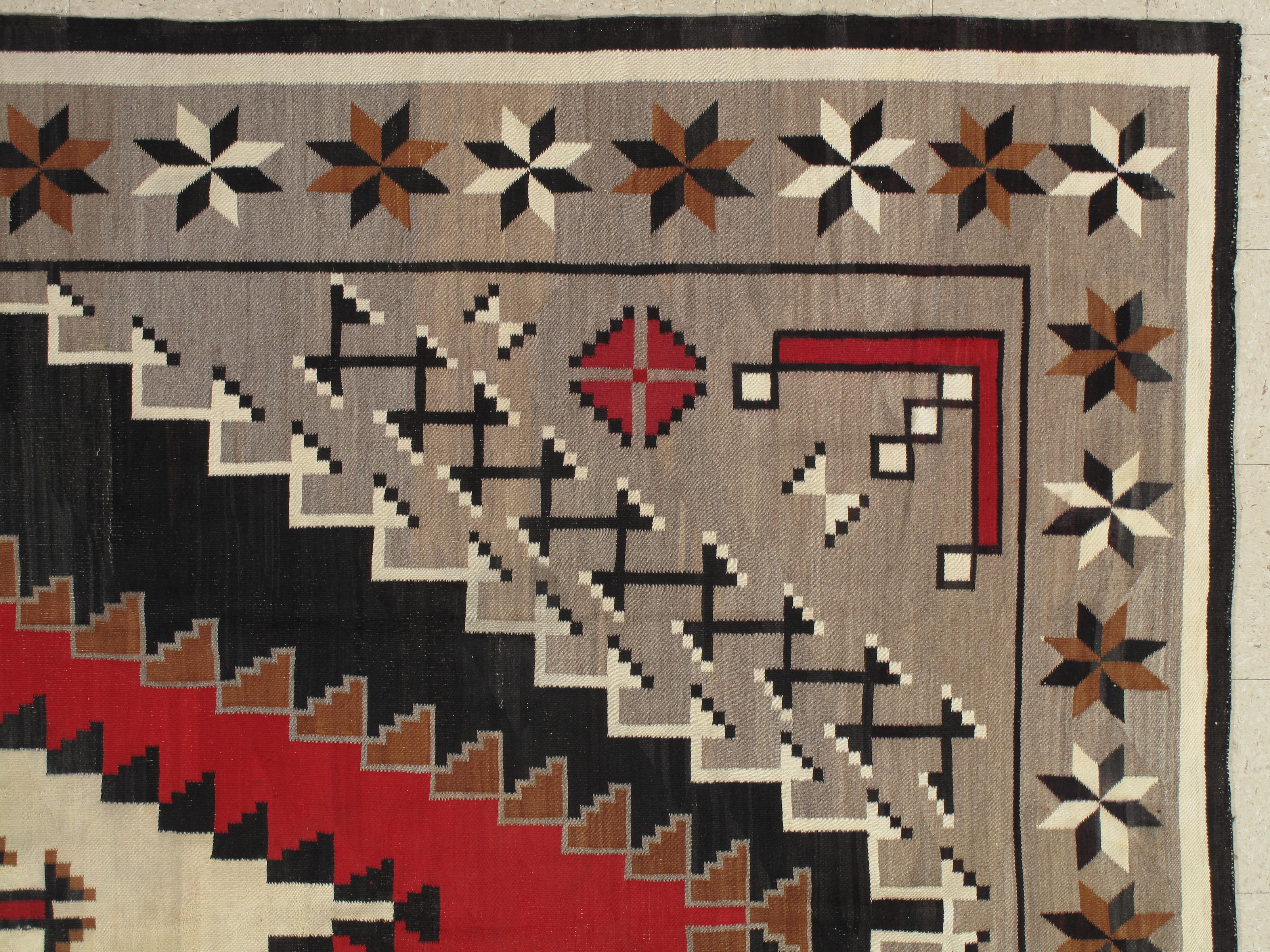 North American Large Antique Eye Dazzler Navajo Carpet, Handmade, Wool, Beige, Tan, Gray & Red For Sale
