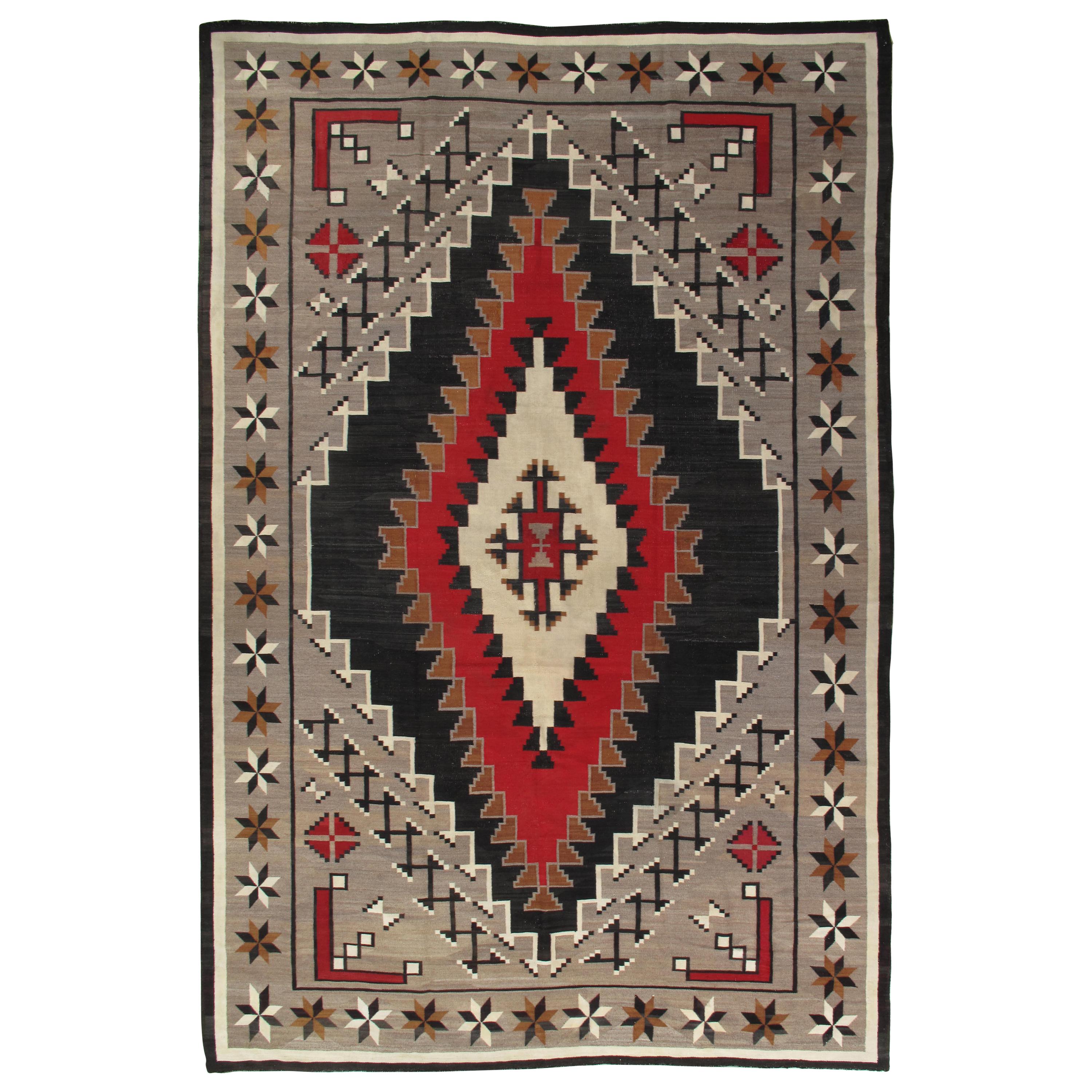 Large Antique Eye Dazzler Navajo Carpet, Handmade, Wool, Beige, Tan, Gray & Red For Sale