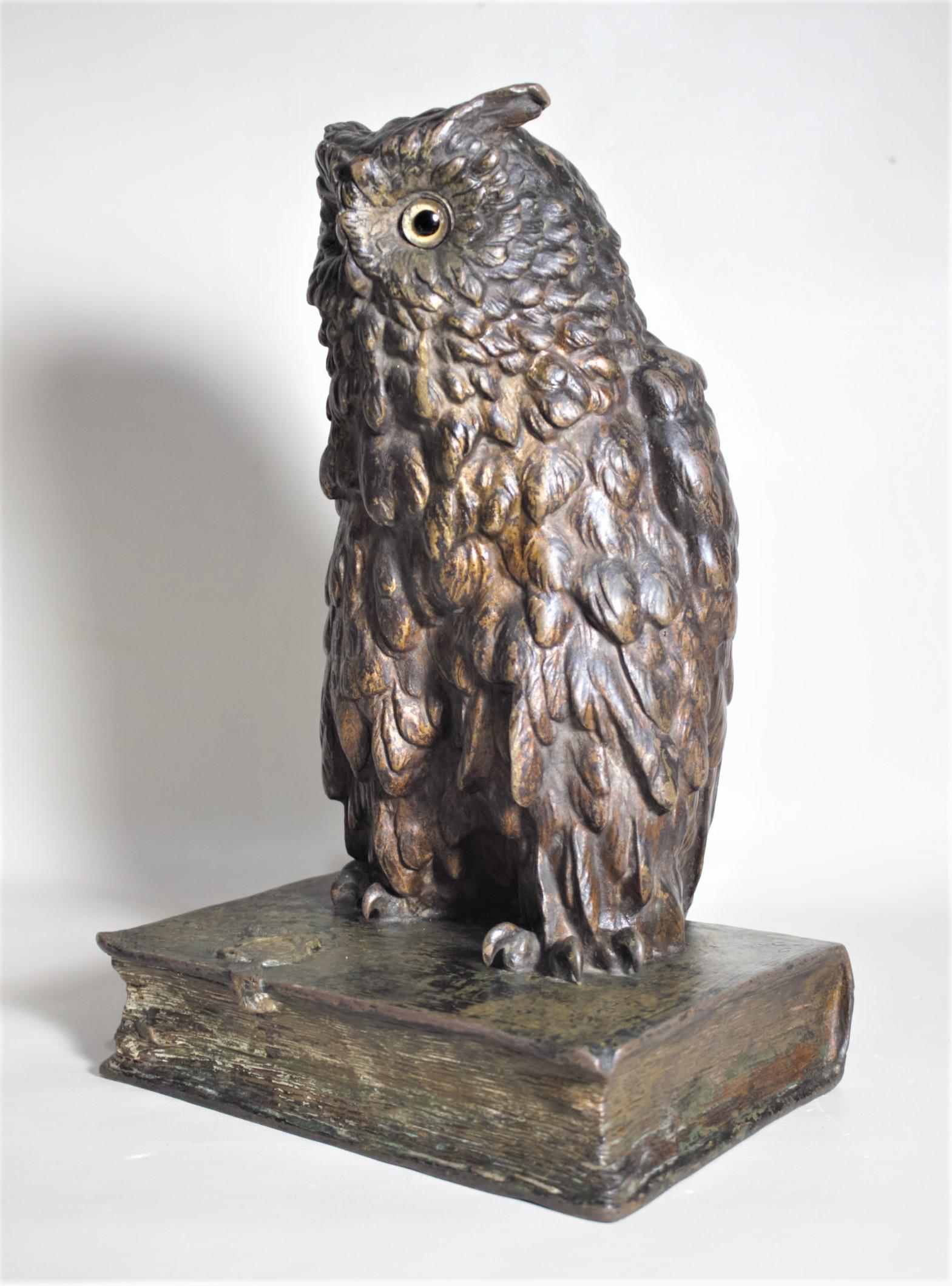 Large Antique F. Berman Austrian or Vienna Cold-Painted Bronze Owl Sculpture In Good Condition In Hamilton, Ontario