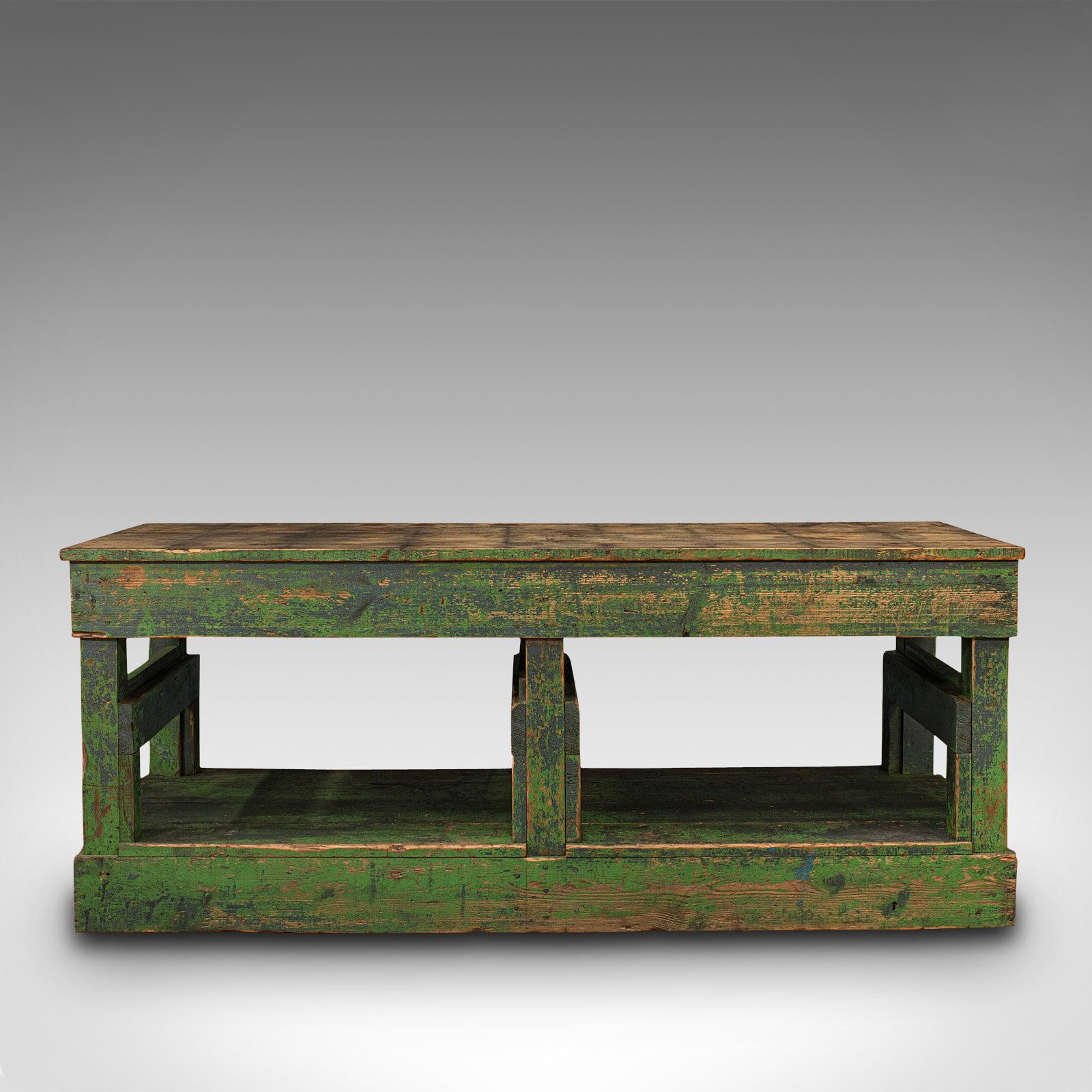This is a large antique factory mill table. An English, pine industrial piece, dating to the Victorian period, circa 1900.

Graced with pleasing character and robust, practical appeal
Displays a desirable time-worn patina throughout
Delightfully