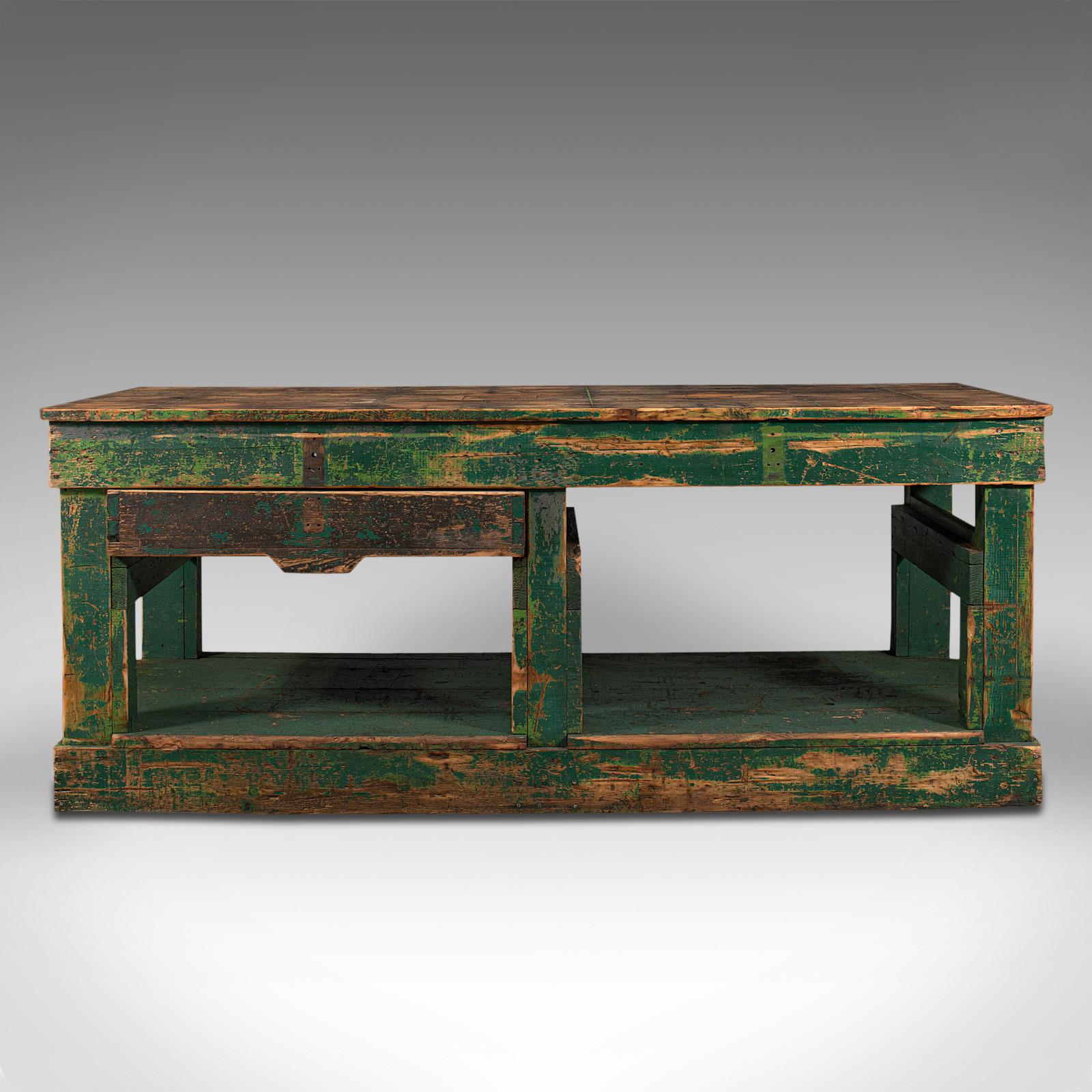 This is a large antique factory work table. An English, pine industrial mill piece, dating to the Victorian period, circa 1900.

Presents pleasing character and robust, practical appeal
Displays a desirable time-worn patina