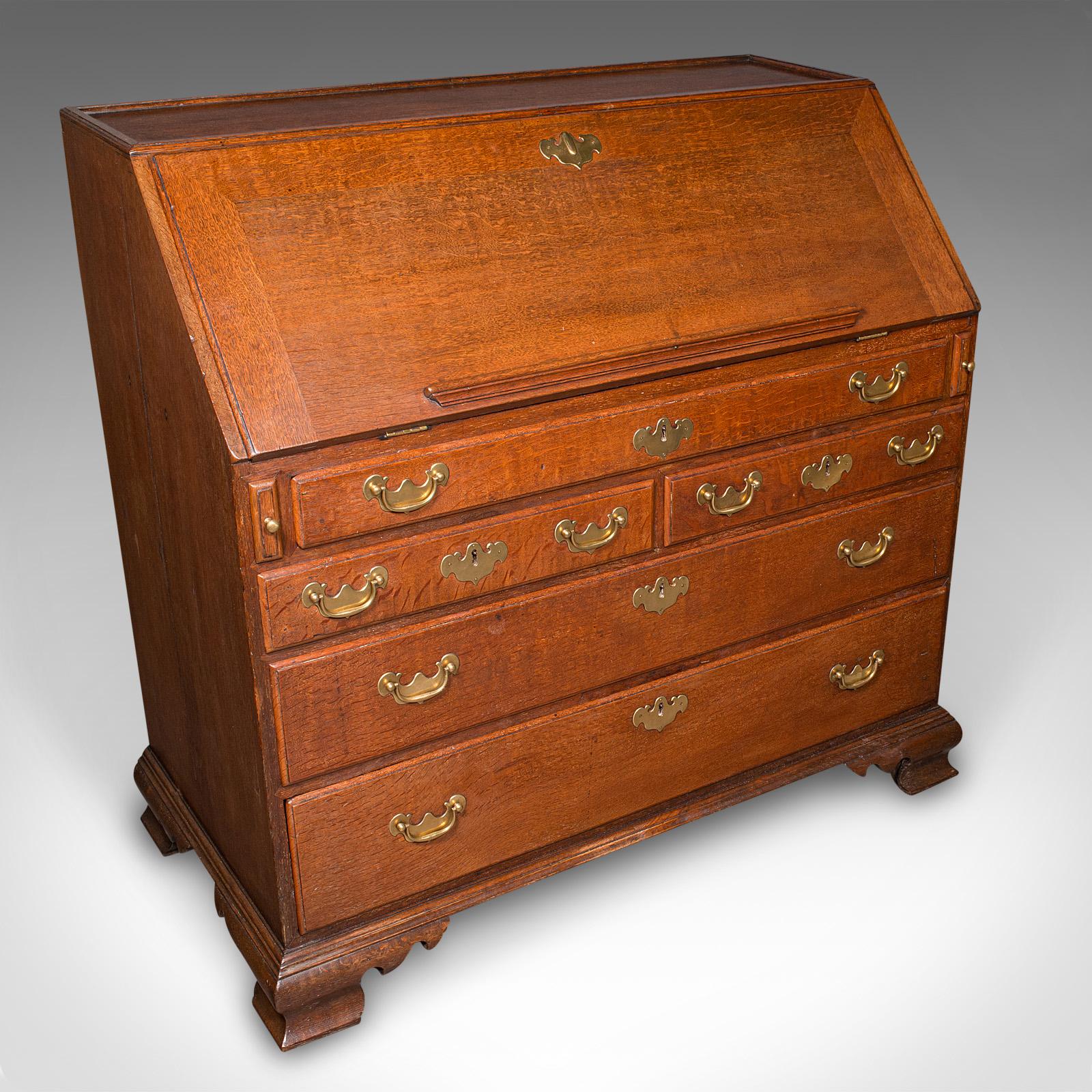 British Large Antique Fall-Front Bureau, English, Oak, Writing Cabinet, Georgian, C.1780 For Sale