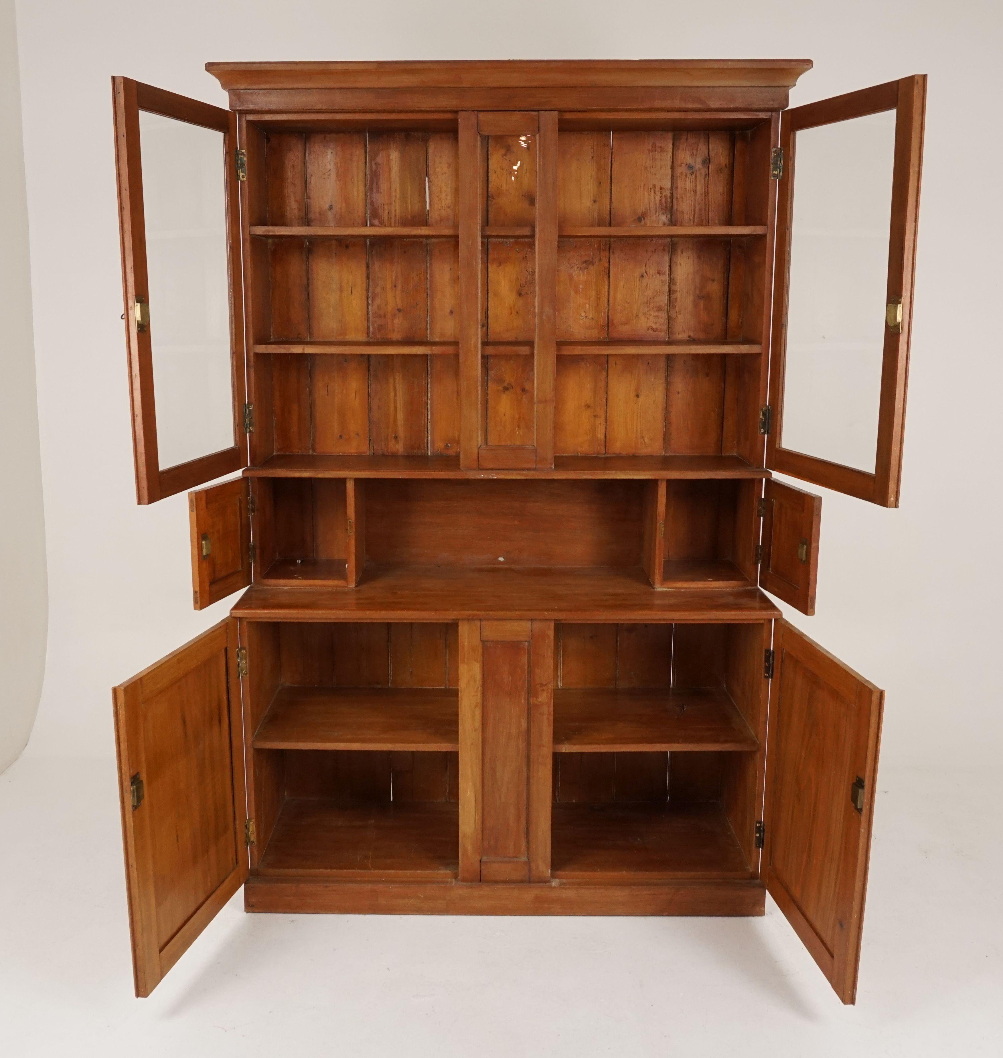Large antique farmhouse kitchen dresser, pine sideboard, buffet, Scotland 1890, B2155

Scotland 1890
Solid pine
Large moulded cornice
Boarded pine
Paneled back
Pair of fixed interior shelves
Underneath a pair of cupboard with storage