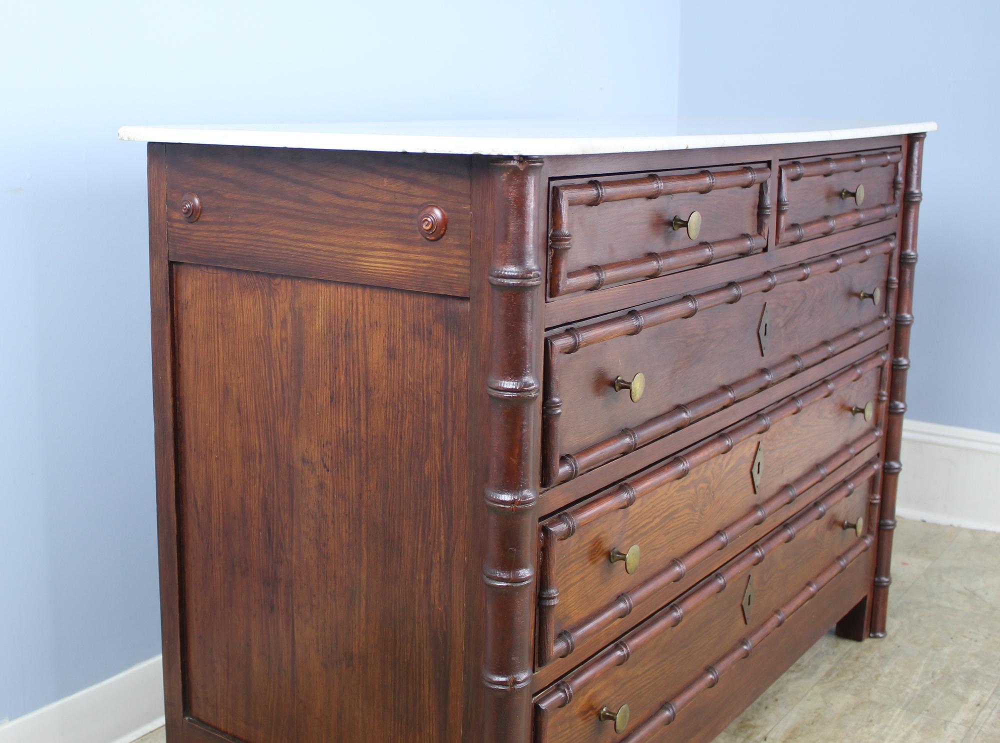 English Large Antique Faux Bamboo Commode, White Marble Top