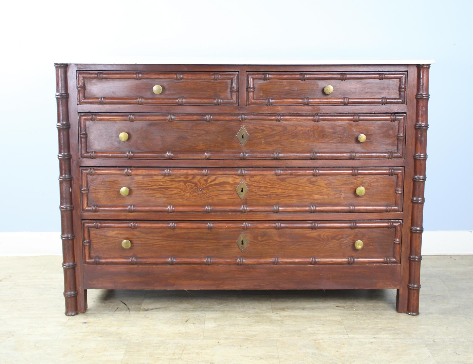 19th Century Large Antique Faux Bamboo Commode, White Marble Top