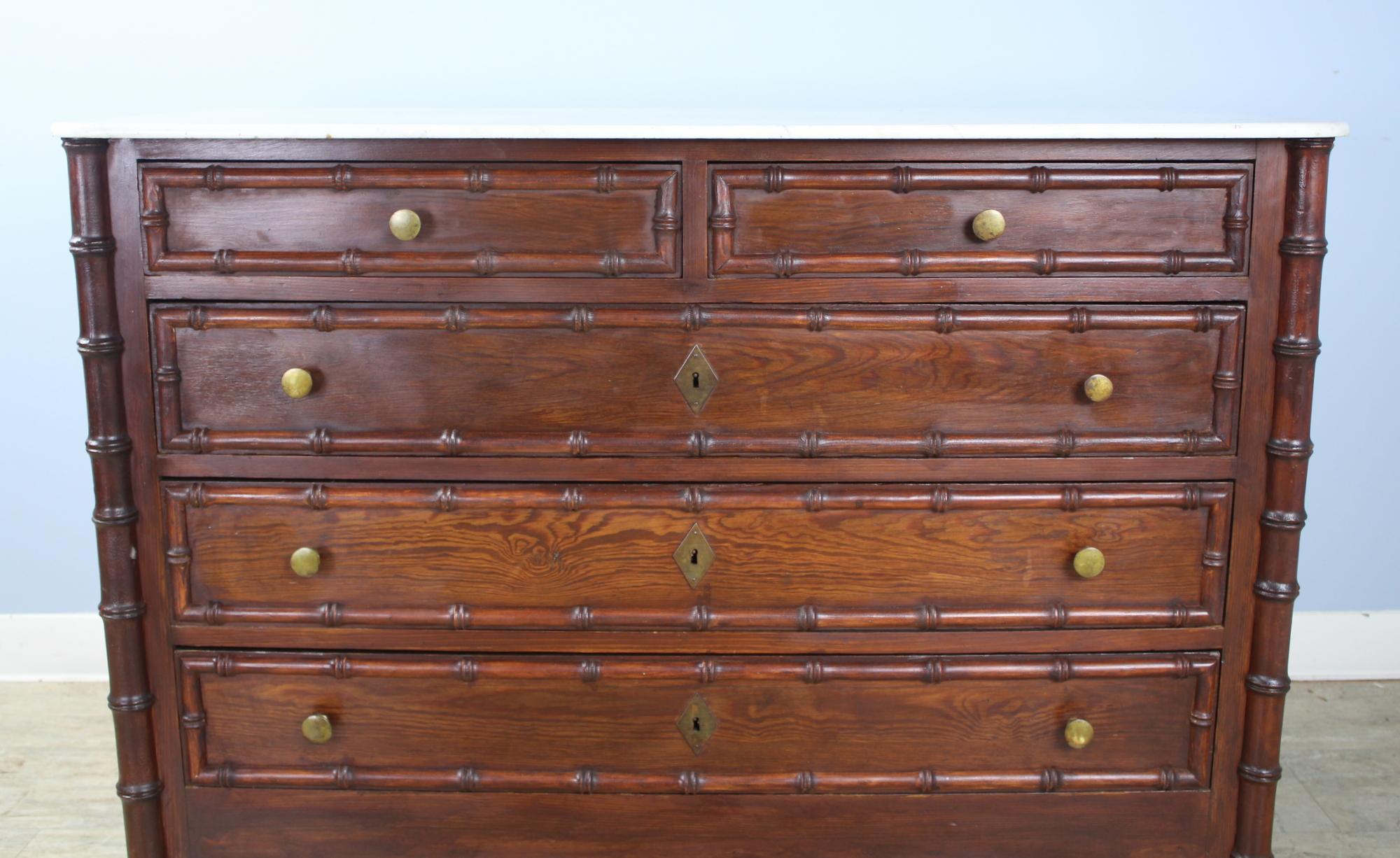 Large Antique Faux Bamboo Commode, White Marble Top 1