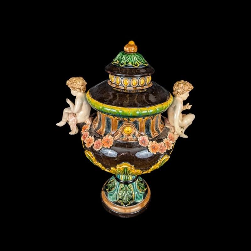 Early Victorian Large Antique Figural Floral Majolica Urn