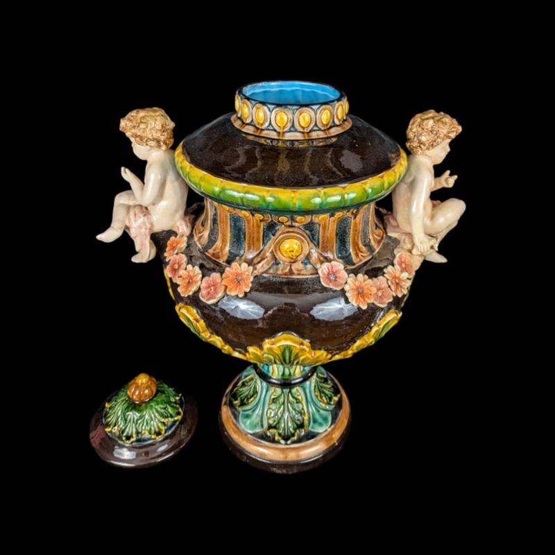 English Large Antique Figural Floral Majolica Urn