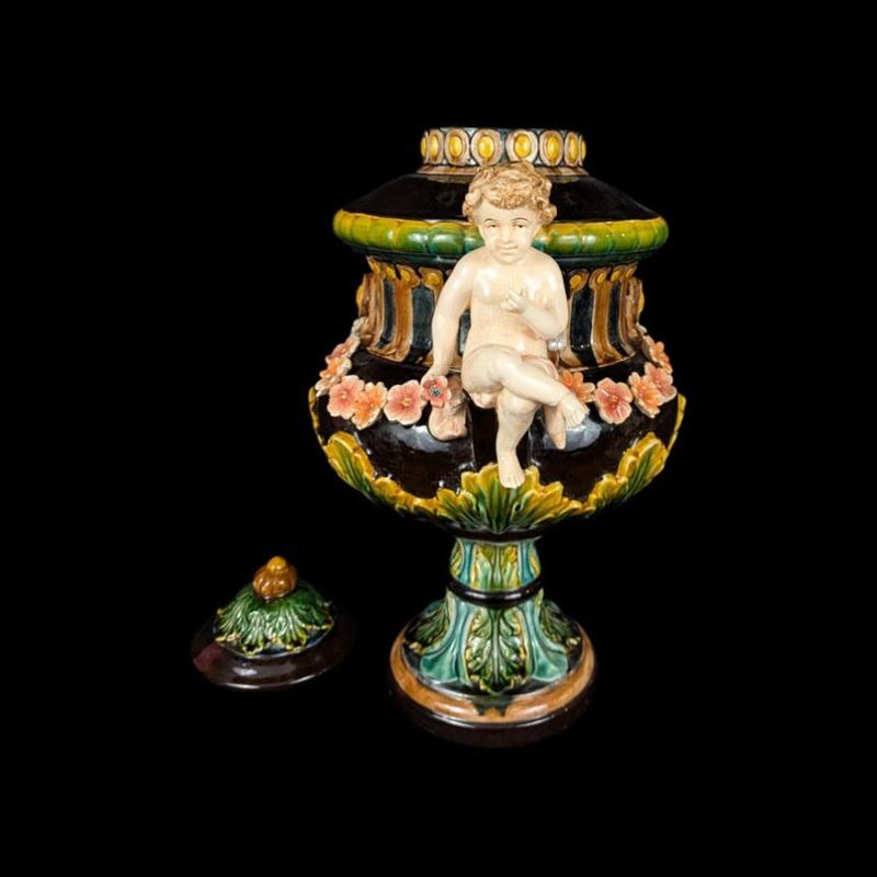Glazed Large Antique Figural Floral Majolica Urn