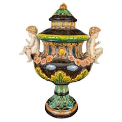 Large Antique Figural Floral Majolica Urn
