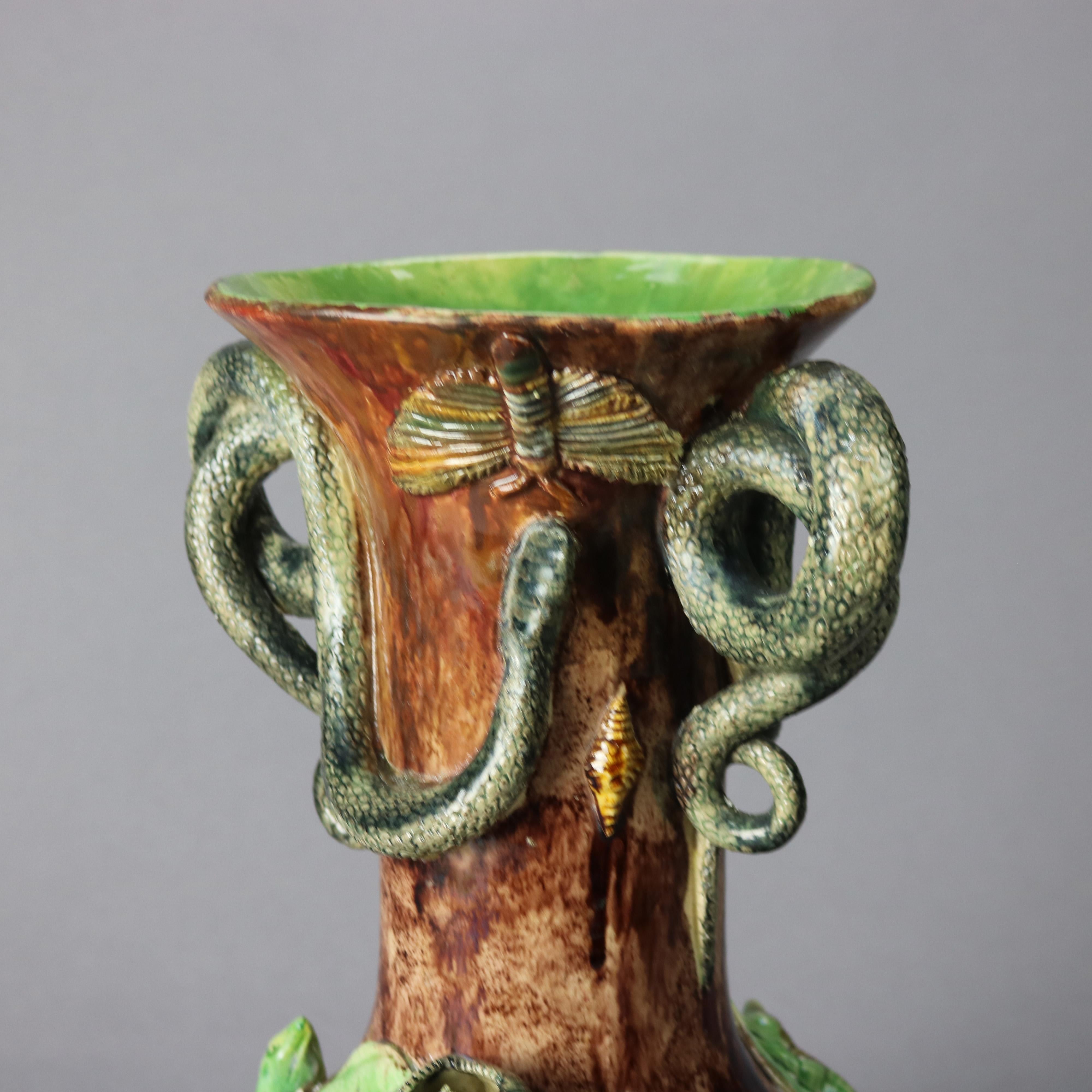 Large Antique Figural Palissy Ware Majolica Pottery Vases, Mafra Portugal, 19thC In Good Condition In Big Flats, NY