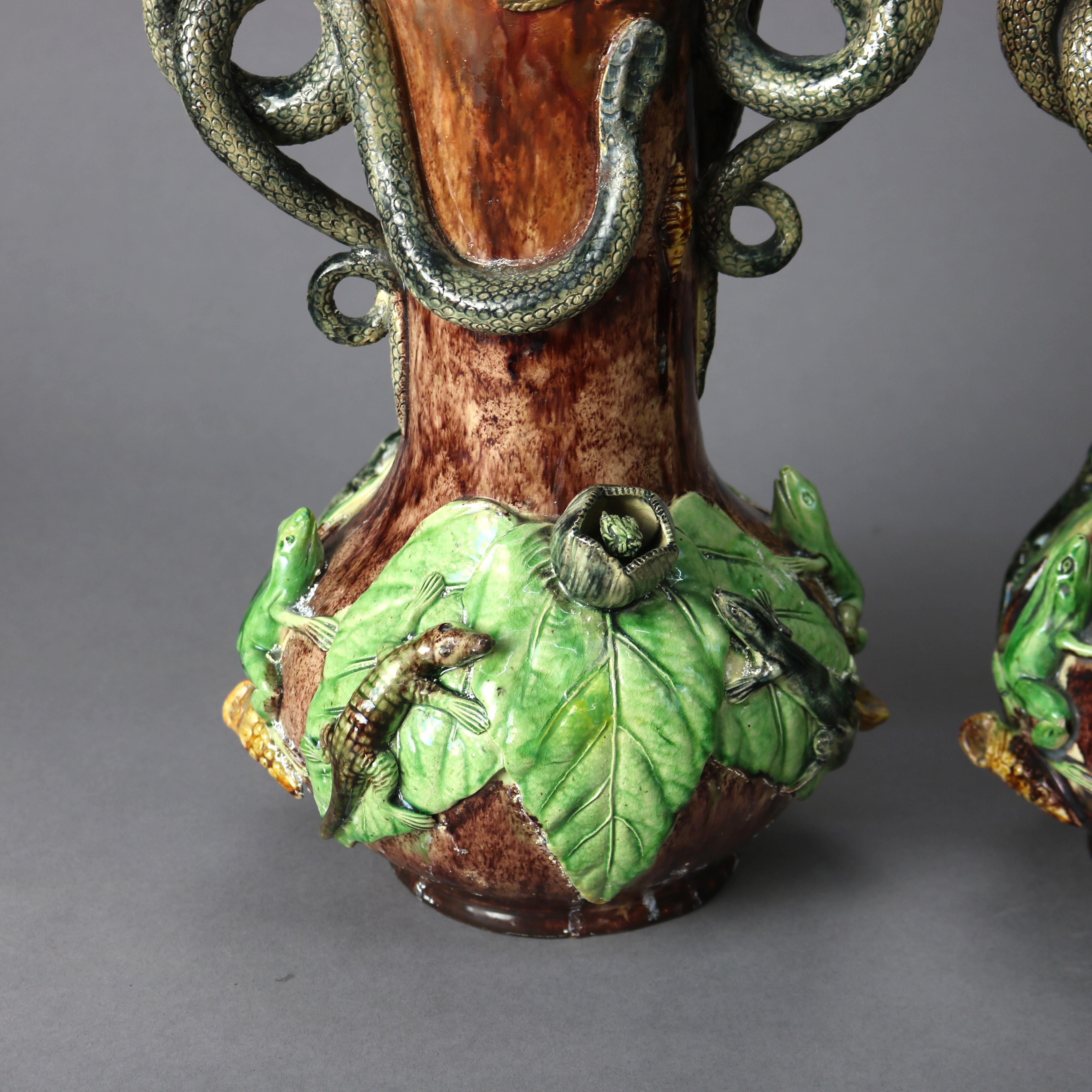 19th Century Large Antique Figural Palissy Ware Majolica Pottery Vases, Mafra Portugal, 19thC