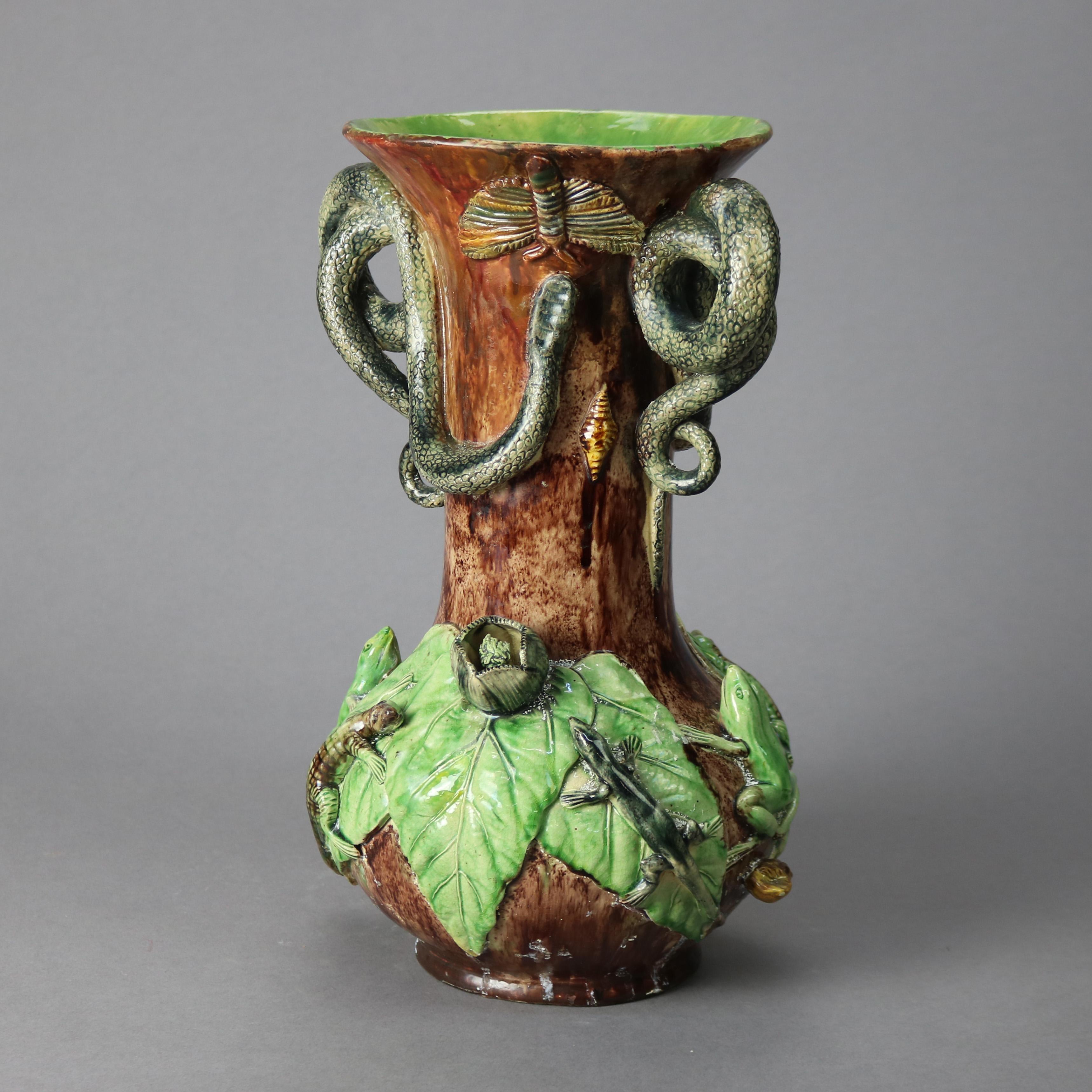 Large Antique Figural Palissy Ware Majolica Pottery Vases, Mafra Portugal, 19thC 1