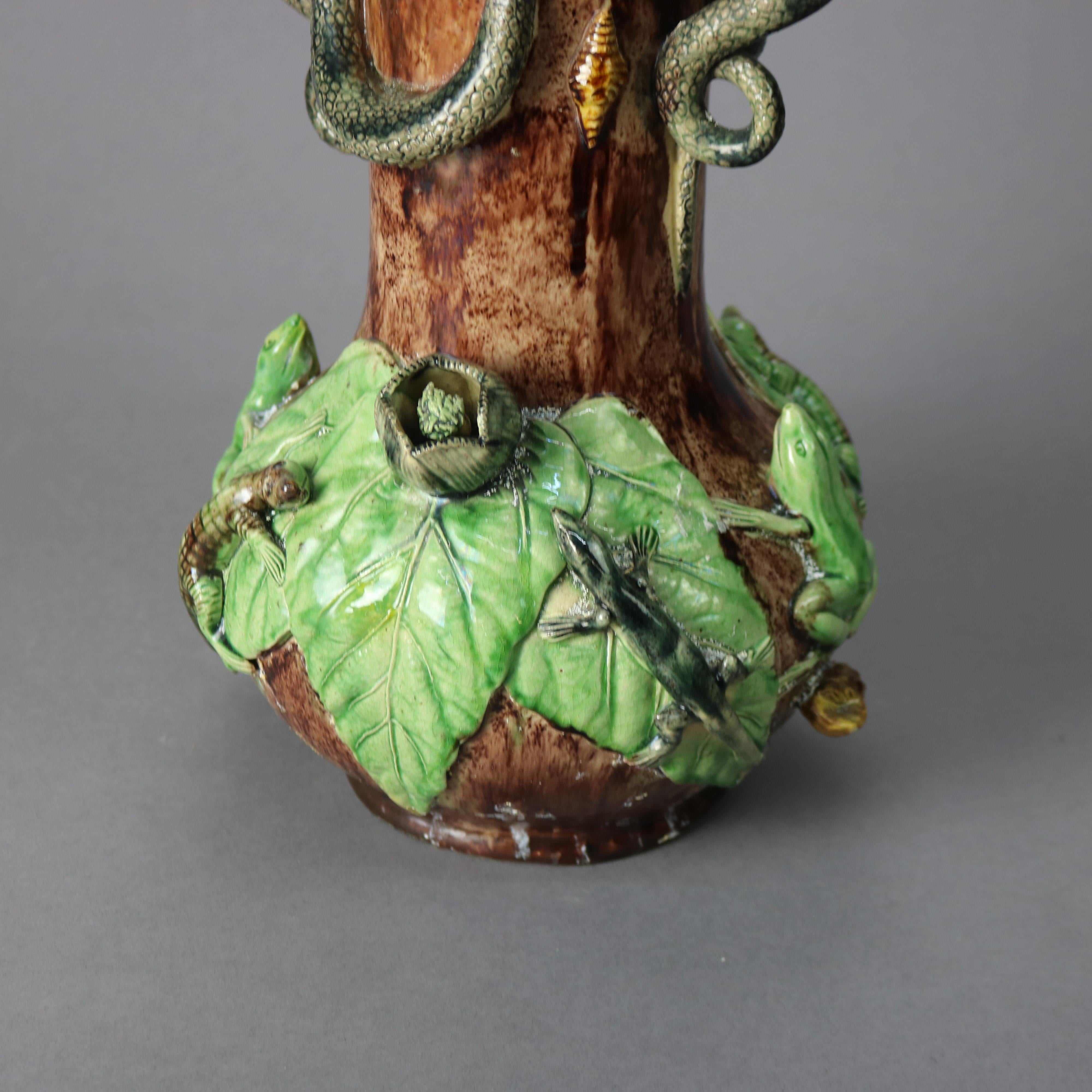 Large Antique Figural Palissy Ware Majolica Pottery Vases, Mafra Portugal, 19thC 2
